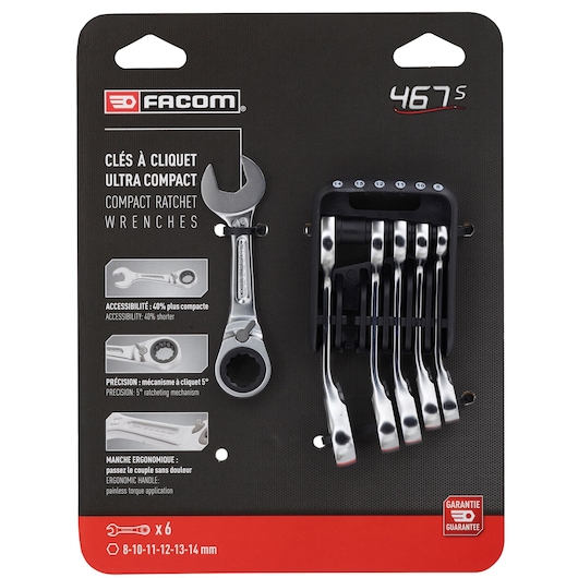 Facom 467BS.JP6PB compact ratchet wrenches set with six chrome wrenches in holder, front view on white background.