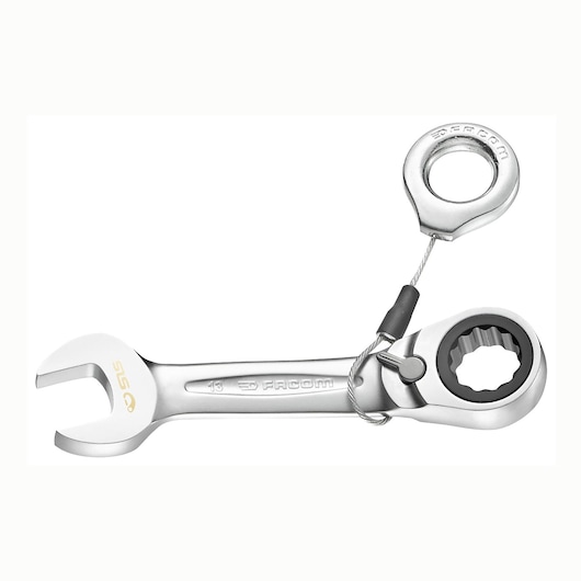 Photo of Facom 467S11SLS ratcheting combination wrench with tether attachment, product shown on white background.