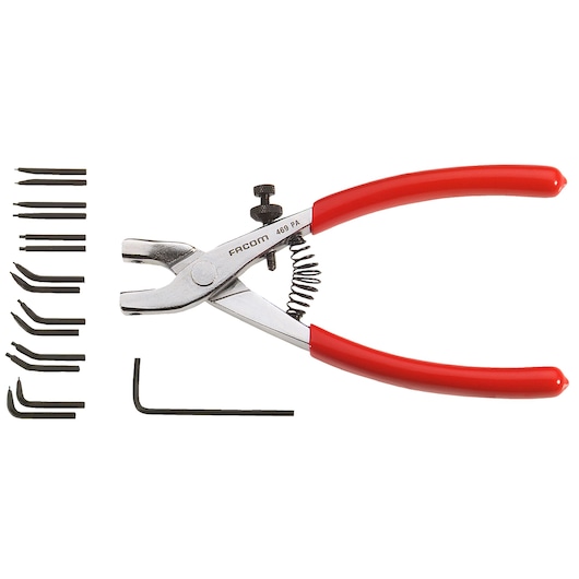 Facom 469 pliers with red handles and multiple interchangeable black tips, photography on white background.