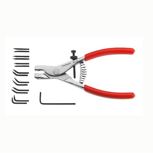 Facom 470E8 pliers with red handles and multiple interchangeable tips, flat lay on white background.