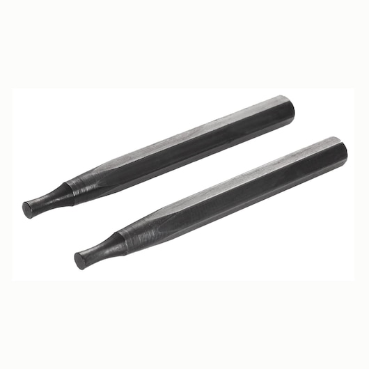 Facom 490_SE28-1 set of two black steel pin punches, hexagonal handles, side angle, white background.