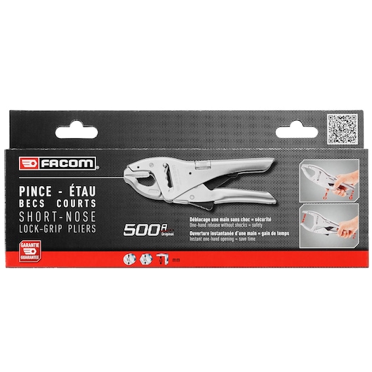 Photo of Facom 500APB short-nose lock-grip pliers in retail packaging, with product illustrations and brand logo, front angle.