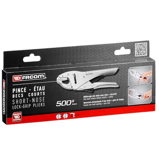 Photo of Facom 500APB short-nose lock-grip pliers in retail packaging, angled view on white background.