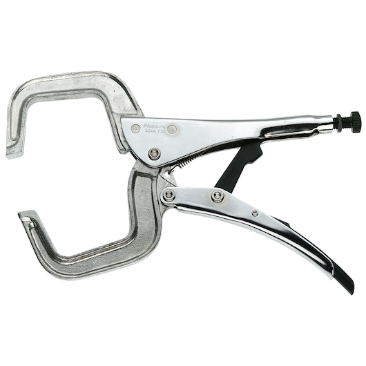 Facom 504A100 metal C-clamp locking pliers, side view, silver finish, white background.