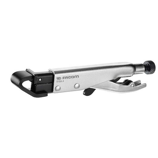 Facom 518A_4 metal locking pliers, side view, silver and black, with adjustable screw handle.