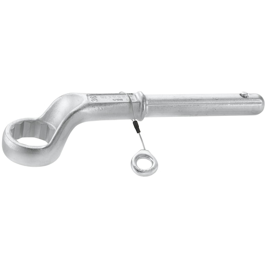 Facom 54A36SLS silver offset box end wrench with safety lanyard, side angle, on white background.