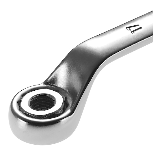 Facom 55A20X22 ratcheting box end wrench close-up, chrome finish, photo on white background.