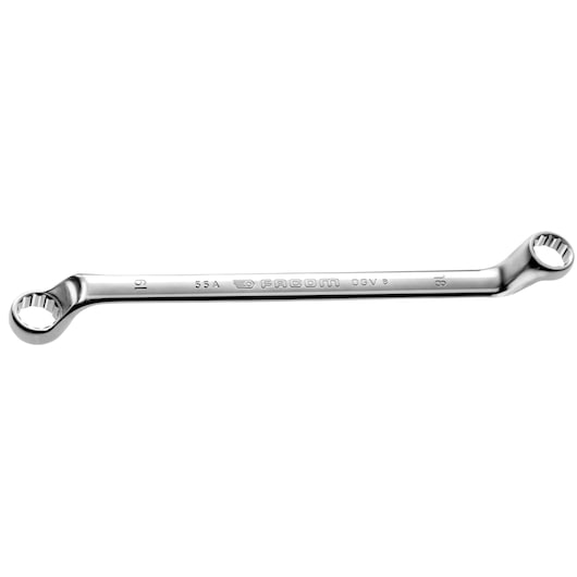 Photo of Facom 55A8X9 double box-end wrench, chrome finish, isolated on white background, side angle.