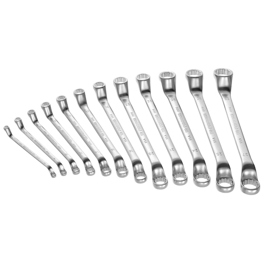 Facom 55AJD12A set of twelve offset ring spanners, chrome finish, arranged in size order, front angle.