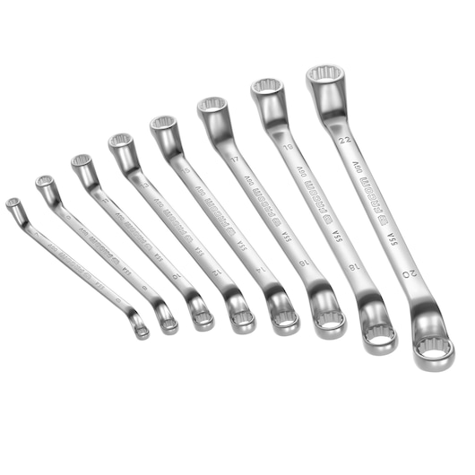 Facom 55AJD8 set of eight chrome box-end wrenches, photography, angled view on white background.