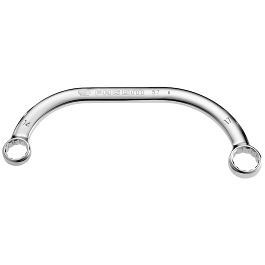 Facom 57_14X16 curved double box-end wrench, chrome finish, sizes 14 and 17 mm, front angle, photography.