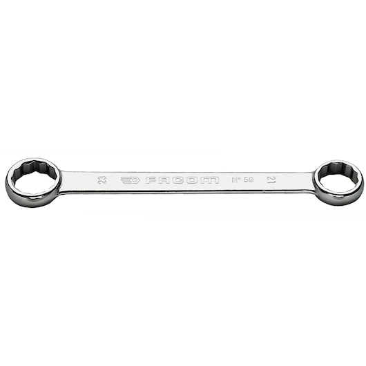 Photo of Facom 59_22X24 chrome finish double box-end wrench, straight handle, white background, photography.