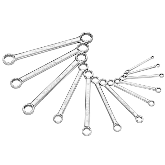 Facom 59JE12 box-end wrench set photography, silver tools arranged in fan shape, white background.