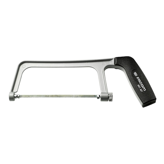 Facom 607MT metal hacksaw with black handle, silver frame, blade visible, side view on white background.