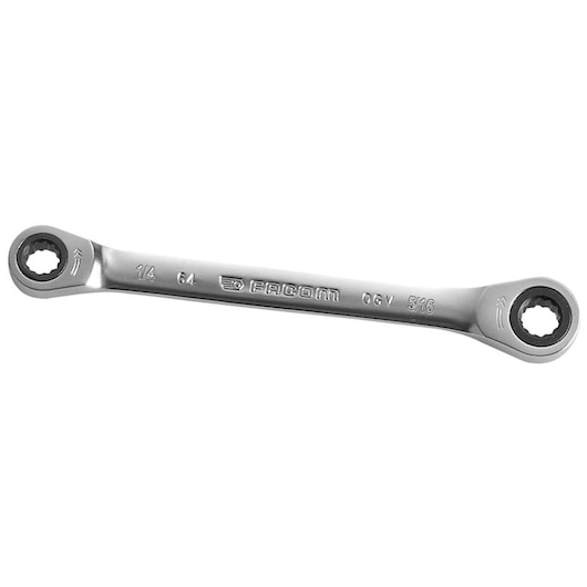 Facom 64.1/4X5/16 ratcheting box end wrench silver, side view on white background.