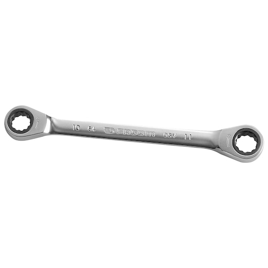 Facom 64_10X11 ratcheting combination wrench silver, photography, white background, angled view.