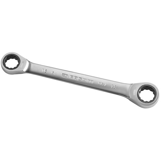 Facom 64_16X18 ratcheting box end wrench, silver finish, dual size ends, top view, white background.