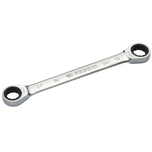 Facom double ratcheting ring spanner 17x19mm, SKU 64_17X19, top angle on white background.