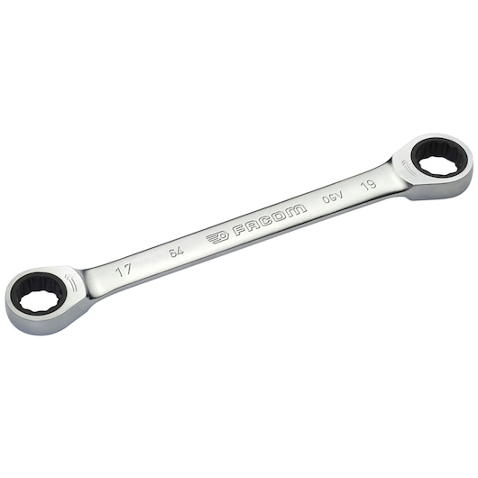 Facom 64_22X24 double box-end wrench with chrome finish, angled heads, top view on white background.