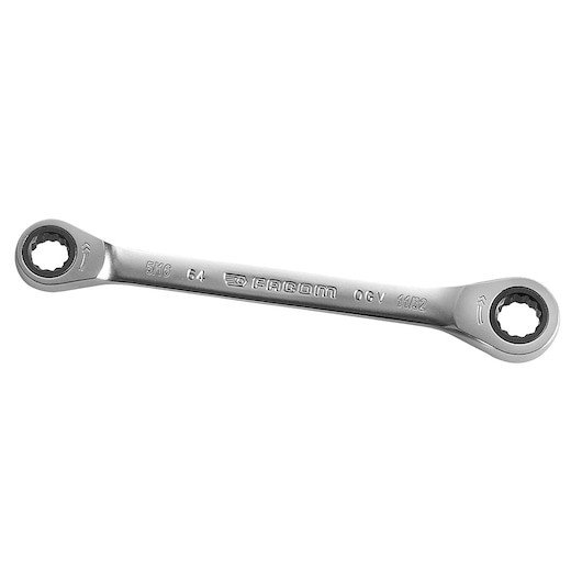 Facom double box-end ratcheting wrench, silver finish, SKU 64_5_16X11_32, top view, photography.