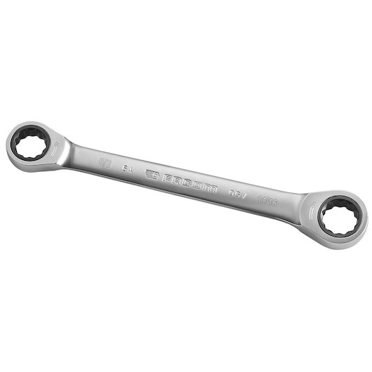 Facom 64_5_8X11_16 chrome ratcheting box wrench, double-ended, product photography on white background.
