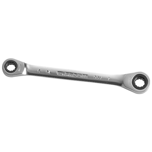 Facom 64_6X7 ratcheting box wrench, chrome finish, photography of tool on white background.