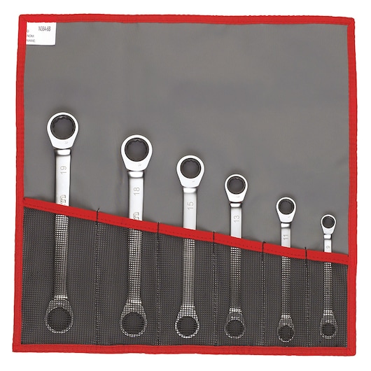 Facom ratcheting wrench set 64_JU6T in grey pouch with red trim, front angle, six wrenches visible.