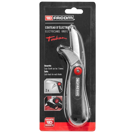 Photo of Facom 640180PB electrician's knife in black and silver, packaged in blister pack, front angle.