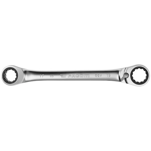 Facom 65_17X19 combination ring spanner, chrome finish, top view, two different head sizes.