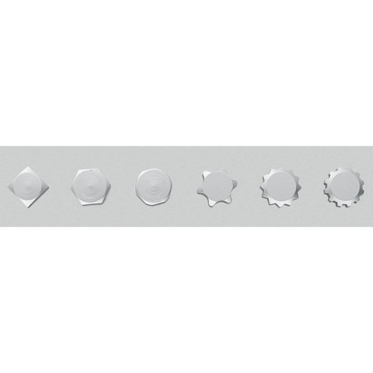Facom 65_7X9SPL photography of six silver bolts with different head shapes lined up on a gray background, top view.