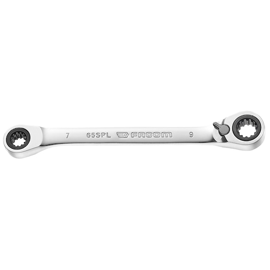 Facom 65_8X10SPL ratcheting double box-end wrench, silver, straight-on angle, white background.