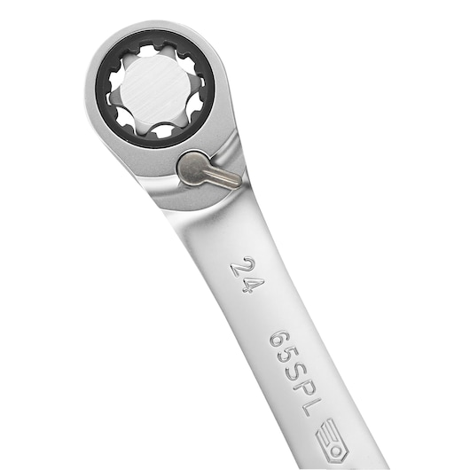 Facom 65_8X10SPL ratcheting wrench close-up, silver finish, visible size marking and switch on white background.