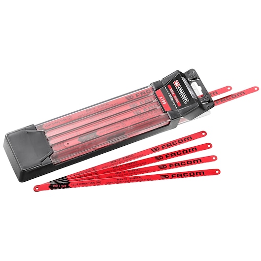 Photo of Facom 668A_8 bi-metal hacksaw blades set, red color, in a black and clear storage case, with several blades visible.