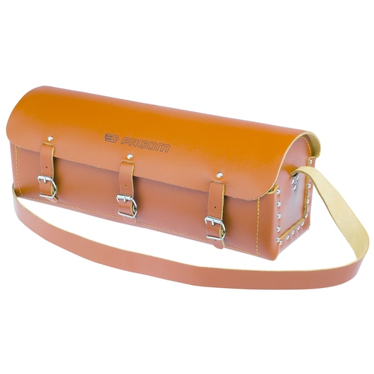 Facom 703232 brown leather tool bag with buckles and shoulder strap, front angle on white background.