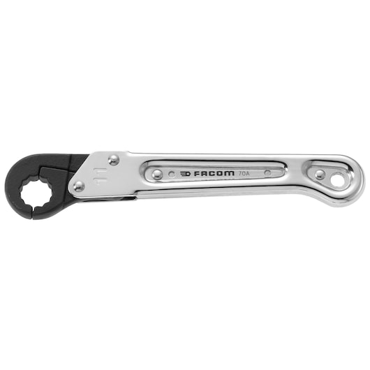 Facom 70A_13 ratcheting flare nut wrench, chrome finish, black jaw, side view on white background.