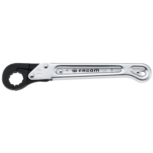 Facom 70A_22 chrome ratcheting spanner, side angle, with black jaw and Facom branding.