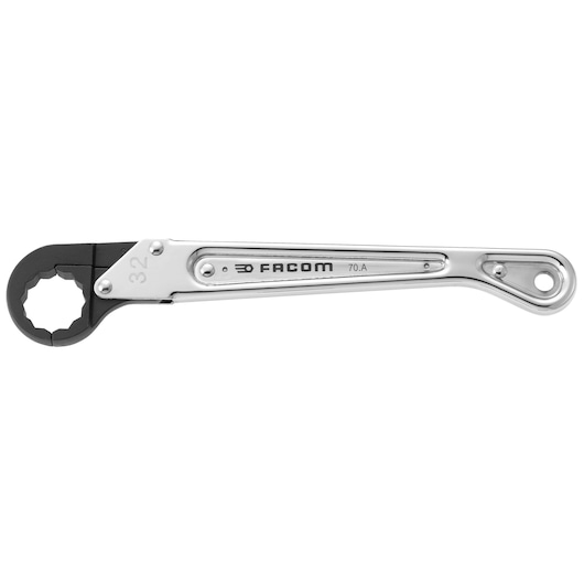 Photo of Facom 70A_32 ratcheting box wrench, silver handle with black head, product shown in side view on white background.