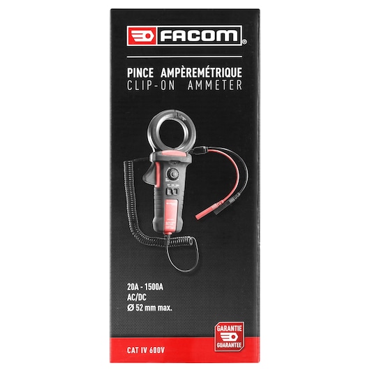 Facom 720.P1500PB clip-on ammeter packaging, front angle, shows black and red ammeter and coiled test leads.