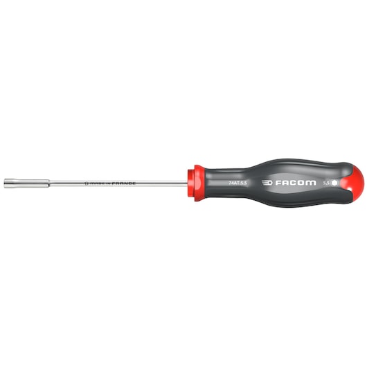 Photo of Facom nut driver with black and red handle, product code 74AT_5_5, side view on white background.