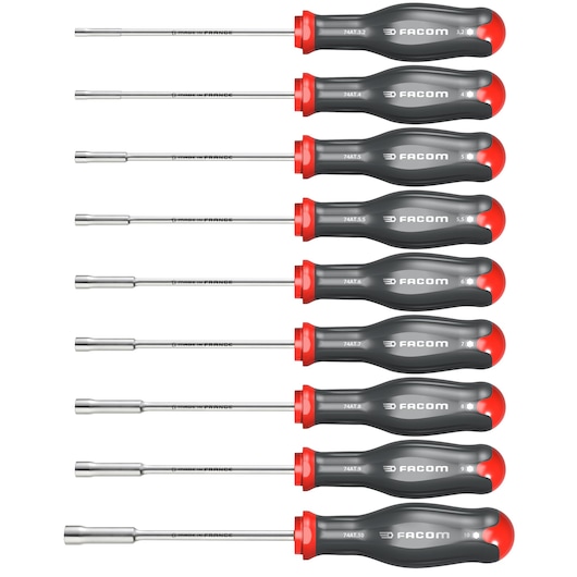 Facom 74ATJL9 photography of nine nut drivers with black and red handles, side angle on white background.