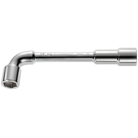Photo of Facom 75_1P L-shaped socket wrench, chrome finish, product laid flat, right-side angle on white background.