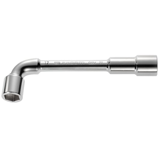 Photo of Facom 75_24 L-shaped chrome socket wrench on white background, showing embossed brand and size details.