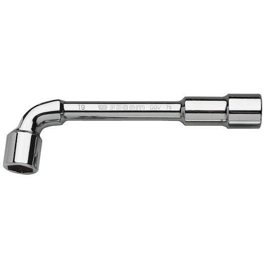 Facom 75_34 chrome L-shaped socket wrench, close-up on white background, tool photography.