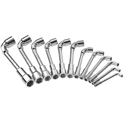 Facom 75J12PB set of 12 chrome-plated double-ended box wrenches, arranged in a fan, white background.