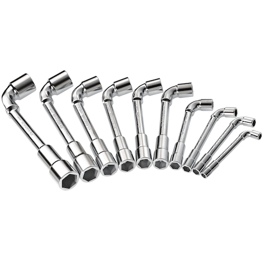 Facom 75_JN10 chrome double box end socket wrench set, photography, angled on white background.