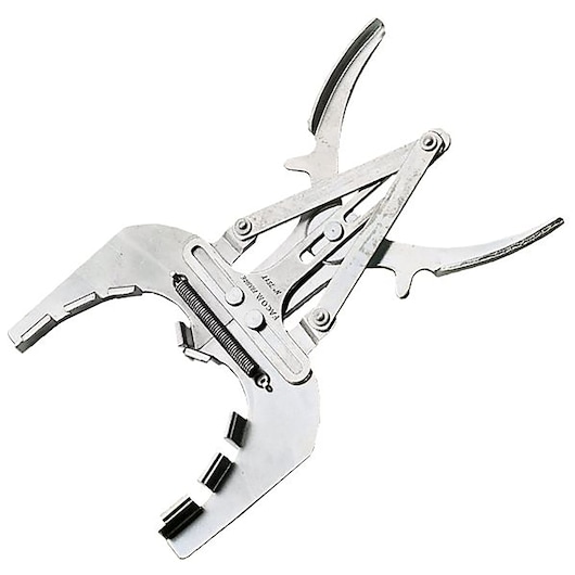 Facom 751T silver piston ring installer tool, side angle, metal construction, photography on white background.
