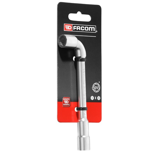 Facom 76_10PB L-shaped socket wrench on retail packaging, front angle, silver tool with black and red card.
