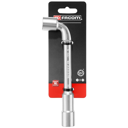 Photo of Facom 76_16PB L-shaped socket wrench in silver, shown on retail packaging, front angle.