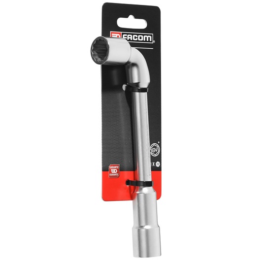 Facom 76_16PB angled socket wrench in silver on retail packaging, front view.