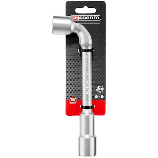 Photo of Facom 76_21PB L-shaped box wrench, silver, on branded black and red packaging, front angle.